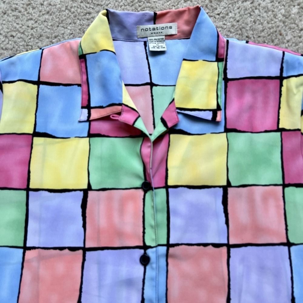 Notations Woman Color Block Shirt 1X – Retro Geometric Print Button Up Blouse - Picture 2 of 9